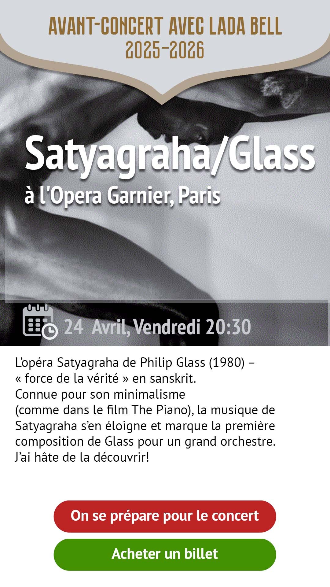 Préparation avant concert Satyagraha Philip Glass
