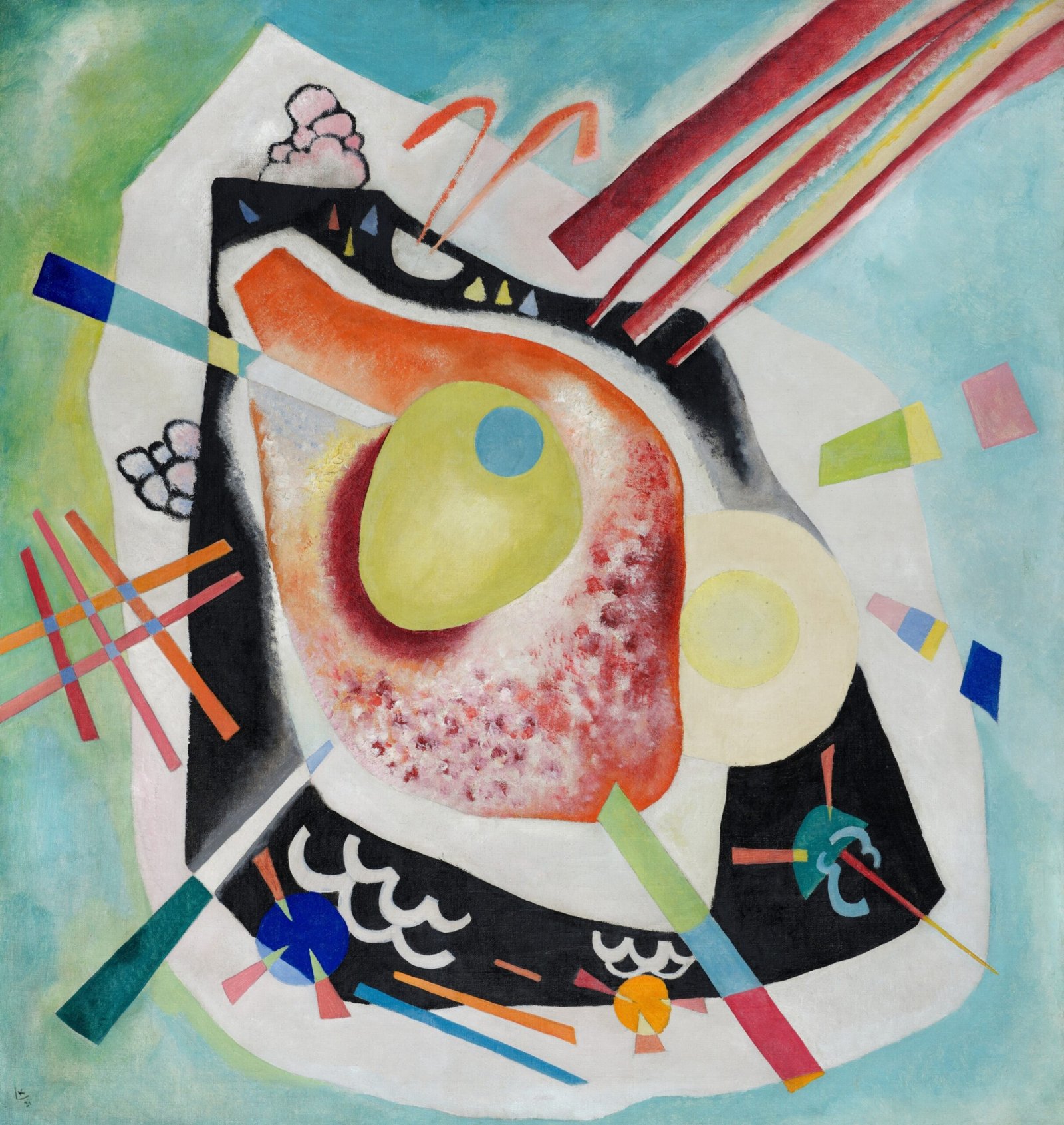 Wassily Kandinsky Weisses Oval (White Oval), 1921 Sold: Sotheby's, London, 19 November 2024 for $26.7 million. Réalisée en 1921, c’est l’une des trois dernières peintures qu’il ait faites alors qu’il vivait en Russie. En décembre de la même année, Kandinsky quitte Moscou pour Berlin, en partie invité à enseigner au Bauhaus par son fondateur Walter Gropius, et aussi en raison de ses divergences idéologiques avec les tendances constructivistes de plus en plus marquées de l’avant-garde russe.