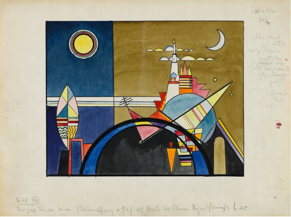 Vassily Kandinsky, « Tableaux d’une exposition ». Les Grandes Portes de Kiev. Décor pour le Théâtre Friedrich, pour Tableaux d’une exposition de Moussorgski, Dessau. Droits d’auteur : Centre Pompidou.