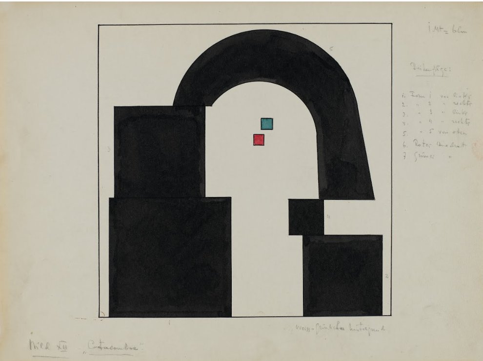 Vassily Kandinsky, « Tableaux d’une exposition ». Tableau XIII : Catacombes. Tombeau romain. Décor pour le Théâtre Friedrich, pour Tableaux d’une exposition de Moussorgski, Dessau. Droits d’auteur : Centre Pompidou.