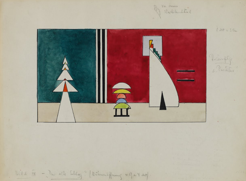 Vassily Kandinsky, « Tableaux d’une exposition ». Tableau IV : Le Vieux Château. Décor pour le Théâtre Friedrich, pour Tableaux d’une exposition de Moussorgski, Dessau. Droits d’auteur : Centre Pompidou