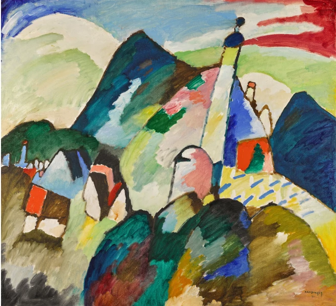 Wassily Kandinsky, Murnau mit Kirche II (Murnau with Church II), 1910. Sold: Sotheby's, London, 1 March 2023, for $44.8 million. Entre 1909 et 1911, Kandinsky commence à quitter la figuration pour l’abstraction. Sa toile « Vue de Murnau avec l’église II », réalisée en 1910, illustre cette transition.