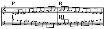 Dodécaphonisme La série fondamentale et ses transformations sur l’échelle chromatique : P — série fondamentale (forme originale), R — rétrograde, I — inversion, RI — rétrograde-inversion.